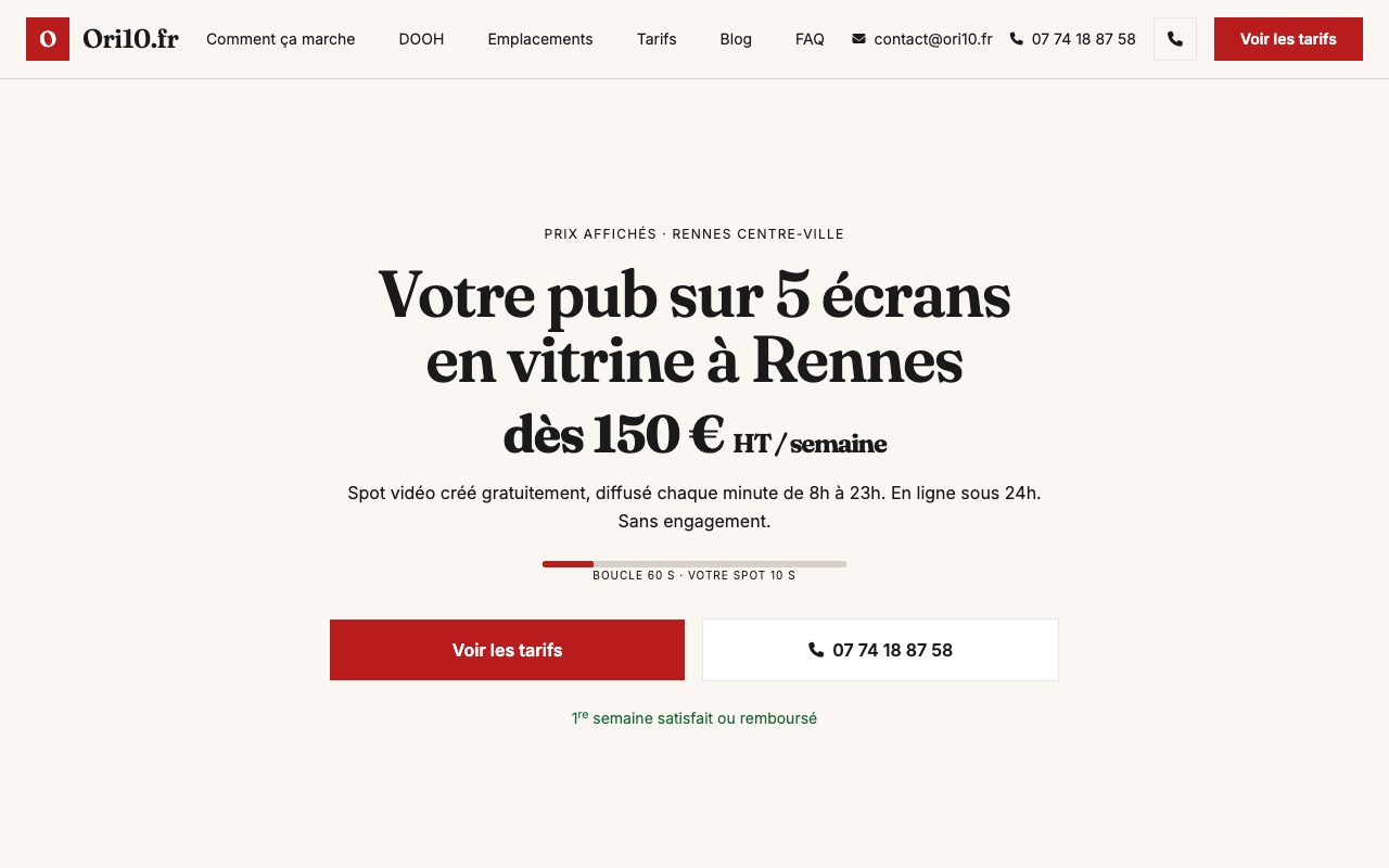 Aperçu du site Ori10 — publicité sur écrans vitrine à Rennes